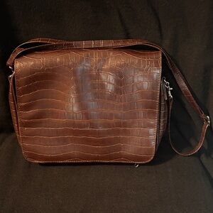 Unisex Brown Faux Croc-Embossed Leather Messenger Bag